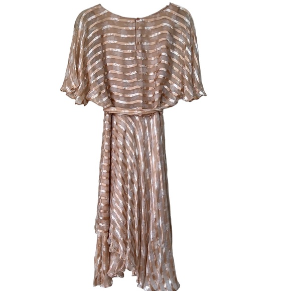 1980's The Silk Farm beige silk chiffon stripped dress, Size 6 - Picture 2 of 11